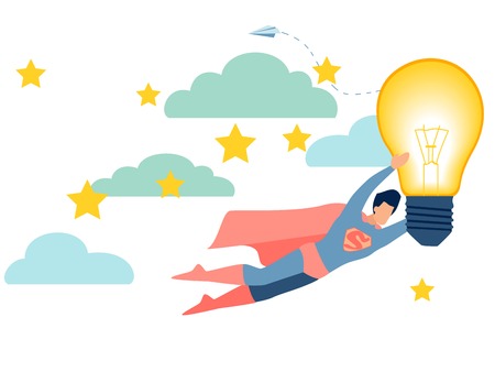 An office worker, a superhero, has a good idea. In minimalist style. Cartoon flat Vector