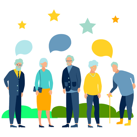 Pensioners are talking. Text bubble. In minimalist style. Cartoon flat Vectorのイラスト素材