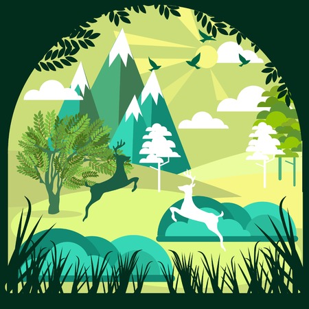 Paper art, cut and craft style of Green forest and deers wildlife with nature background layers as Saving the world with ecology and environment conservation concept.のイラスト素材