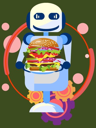 Robot seller presents a new tasty burger, food. In minimalist style. Cartoon flat Vector Illustrationのイラスト素材