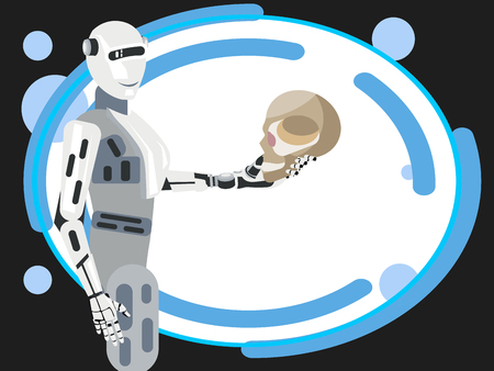 The future of mankind, the robot holds the human skull. In minimalist style Cartoon flat Vectorのイラスト素材
