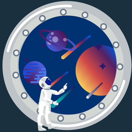 Astronaut looks out the window. The theme of space travel. In minimalist style Cartoon flat Vectorのイラスト素材