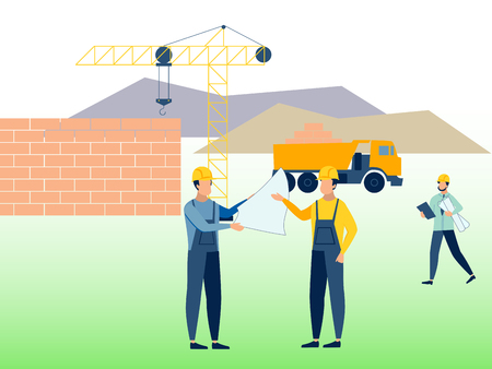 Construction, working environment. Builders at work. In minimalist style Cartoon flat Vector Illustrationのイラスト素材