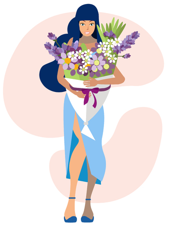 Woman and large bouquet of flowers. In minimalist style Cartoon flat Vector Illustrationのイラスト素材