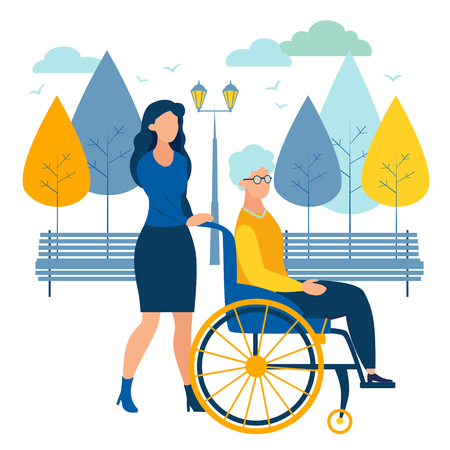 Girl help old woman on wheelchair. Care for disabled people. Flat style. Cartoon vector illustrationのイラスト素材
