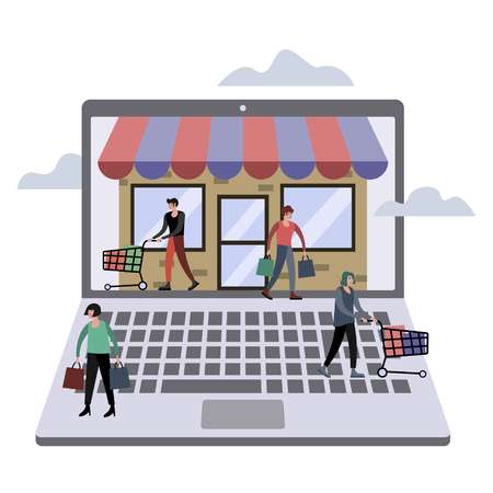 Online store shopping metaphor. Web shop business. Flat style. Cartoon vector illustrationのイラスト素材