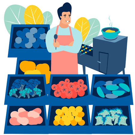 Business, a man sells fruits and vegetables. Flat in minimalist style. Cartoon vectorのイラスト素材