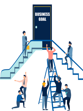 Business goal. Various options, ways to achieve the desired work. Office staff use the lift isolated on white background. Flat style. Cartoon vector illustrationのイラスト素材