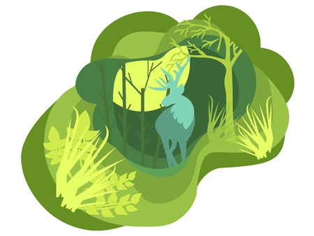 Paper art, cut and craft style of Green forest and deers wildlife with nature background layers as Saving the world with ecology and environment conservation concept. Vector illustration.のイラスト素材