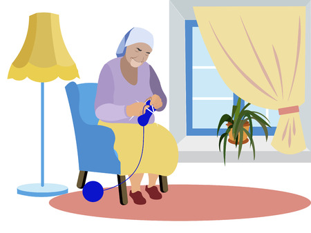 Grandmother sits near the window and knits clothes. Expecting grandchildren, loneliness. In minimalist style. Cartoon flat Vectorのイラスト素材