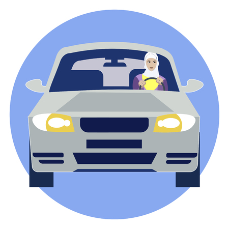 Muslim woman driving a car. In minimalist style. Cartoon flat Vectorのイラスト素材