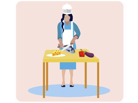Woman cooks food, isolated on pink background. In minimalist style. Cartoon flat vectorのイラスト素材