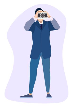 Isolated object. The man in the suit is a photographer. In minimalist style. Cartoon flat rasterの写真素材