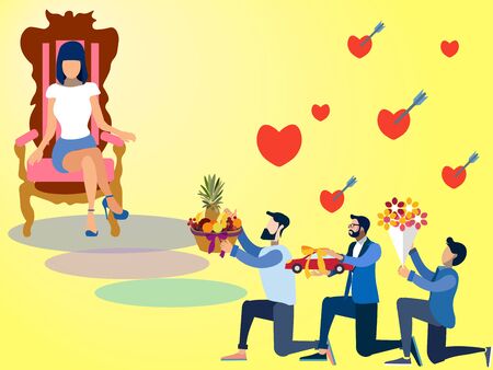 Valentine Day, offering gifts to women. In minimalist style. Flat isometric raster on yellow backgroundの写真素材