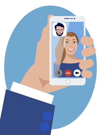 Video call. Communication of a pair of lovers in social networks via phone. In minimalist style. Cartoon flat vectorのイラスト素材