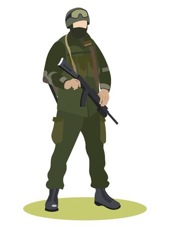 Military service, soldier in uniform, special forces camouflage. In minimalist style. Cartoon flat vectorのイラスト素材