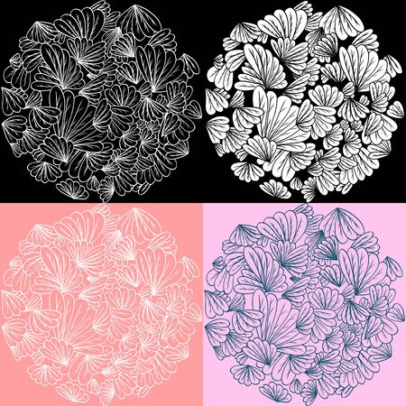 Coloring book, white picture. Leaves of flowers similar to wings. Vector setのイラスト素材