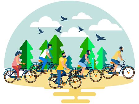 Friends, a group of people riding their bicycles in the forest. In minimalist style. Flat isometricの写真素材