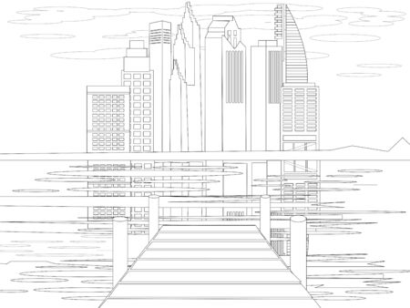 Marina with a view of the city, civilization. Color book sketch. Cartoon flat vectorのイラスト素材