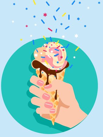 Female hand holds an ice cream cone. Flat style. Cartoon vector illustrationのイラスト素材