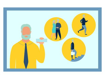 Businessman show business card. Couple in love. Guy walking upstairs. Running man. Remote business talking. Flat style.の写真素材