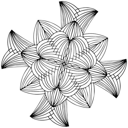 Mirror pattern, repeating lines. Star, flower or snowflake. Children coloring, drawing. Black and white snowflake.のイラスト素材