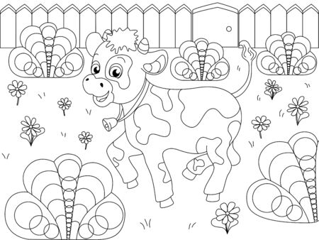 Children coloring, farm animal. The calf plays in the clearing. Vector cartoon illustrationのイラスト素材