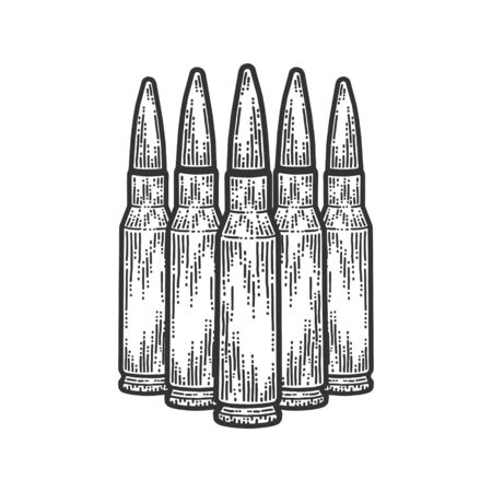 Five bullets stand nearby. Scratch board style imitation. Black and white hand drawn image.のイラスト素材