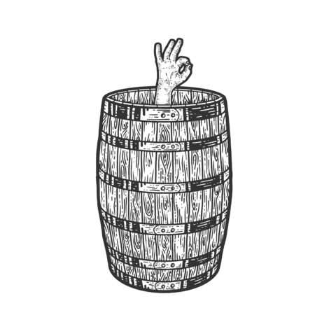 Wooden barrel, the man inside shows OK. Apparel print design. Scratch board imitation. Black and white hand drawn image. Engraving vector illustrationのイラスト素材