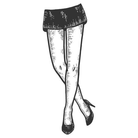 Female legs in a short skirt and shoes. Sketch scratch board imitation.のイラスト素材