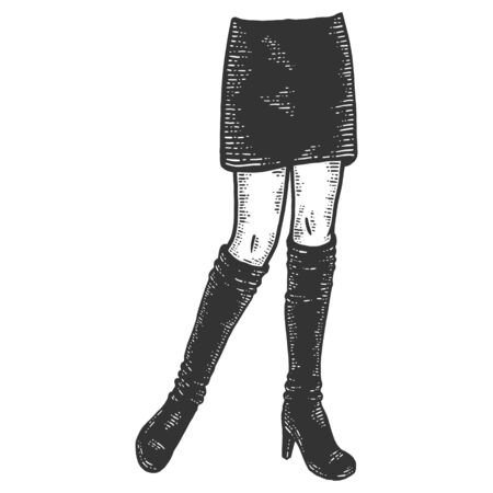 Beautiful female legs in boots and a business skirt. Sketch scratch board imitation.のイラスト素材