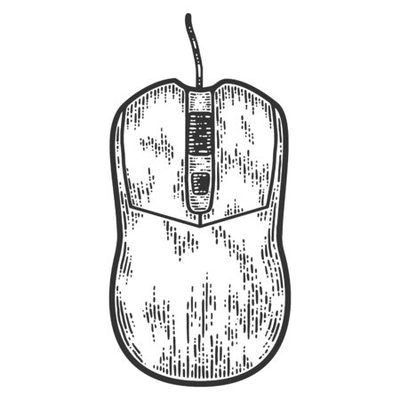 Device computer mouse. Sketch scratch board imitation. Black and white. Engraving vector illustration.のイラスト素材