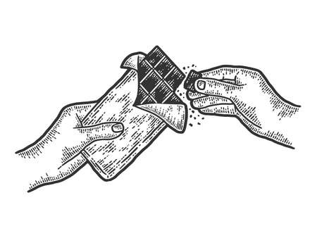 Hands breaking chocolate slow motion. Sketch scratch board imitation. Black and white. Engraving raster illustration.の写真素材