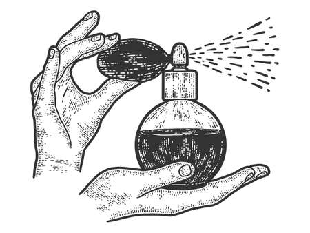 Woman hands holding a vintage perfume bottle with atomizer.のイラスト素材