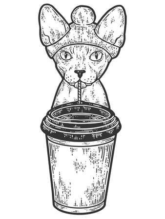 Coffee shop, Sphynx cat is drinking coffee. Sketch scratch board imitation.のイラスト素材