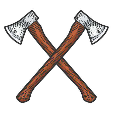 Crossed axes engraving. Apparel print design. Scratch board imitation. Color hand drawn image.のイラスト素材