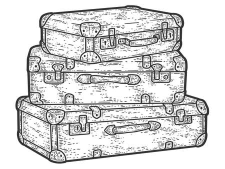 Retro travel suitcases stacked on top of each other. Sketch scratch board imitation.のイラスト素材