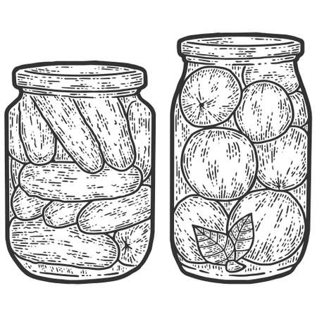 Preservation, set. Two jars of cucumbers and tomatoes. Sketch scratch board imitation.のイラスト素材