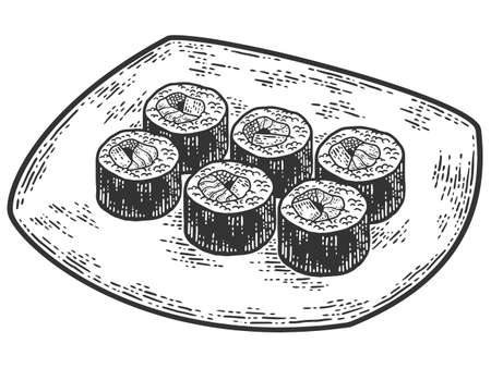 Sushi plate set. Japanese food. Sketch scratch board imitation.のイラスト素材