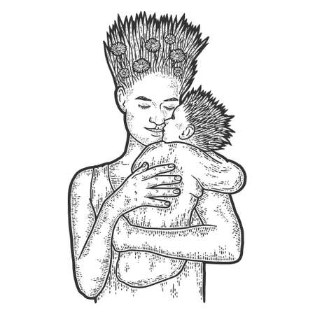 Child is beginning of mother. People with plants instead of hair.のイラスト素材