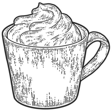 Cup of coffee with cream. Sketch scratch board imitation. Black and white.のイラスト素材