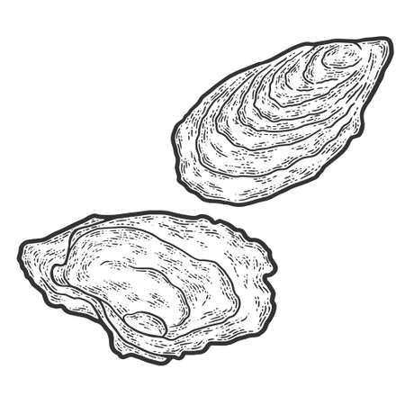 Seafood, oyster. Sketch scratch board imitation. Black and white.のイラスト素材