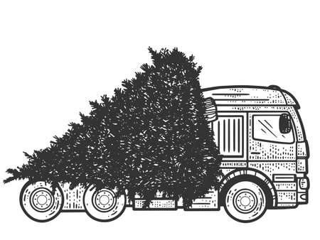 A truck carries a tree for the New Year. Sketch scratch board imitation.のイラスト素材
