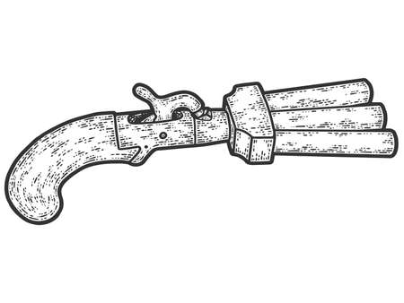 Three barreled revolver. Engraving raster illustration. Sketch scratch board imitation.の写真素材