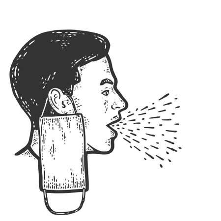 Coughing man with mask removed. Engraving vector illustration.のイラスト素材