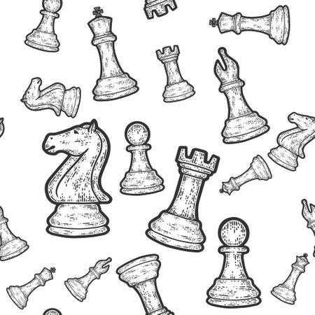 Seamless set of chess pieces. Engraving vector illustration. Sketch scratchのイラスト素材