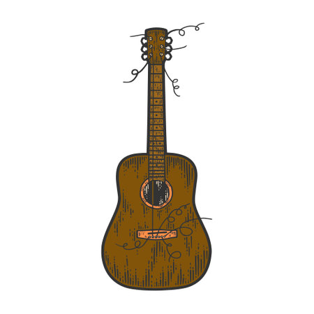 Guitar with torn strings. Sketch color scratch board imitation. Engraving vectorのイラスト素材