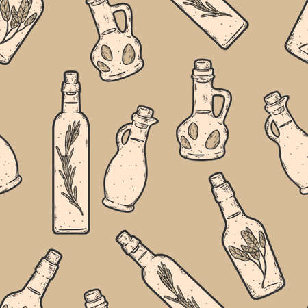 Seamless background set of jars with oil and spices. Sketch scratch sepiaのイラスト素材