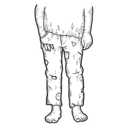 Poverty. Leaky pockets, boy hand peeking out of his pants. Sketch scratch board imitation.のイラスト素材