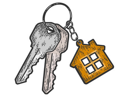 Bunch of keys with a keychain house. Sketch scratch board imitation color.のイラスト素材